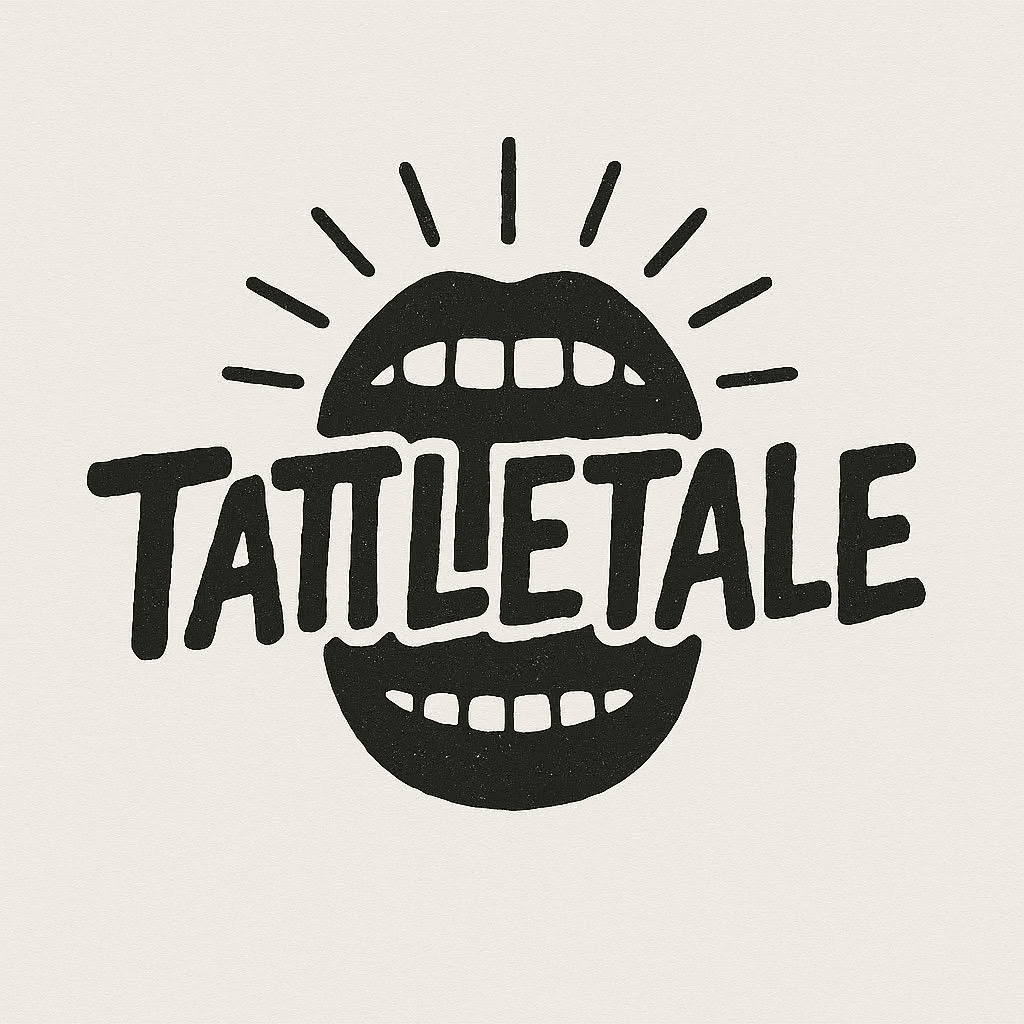 Tattletale’s hand-drawn mouth and wordmark on textured paper